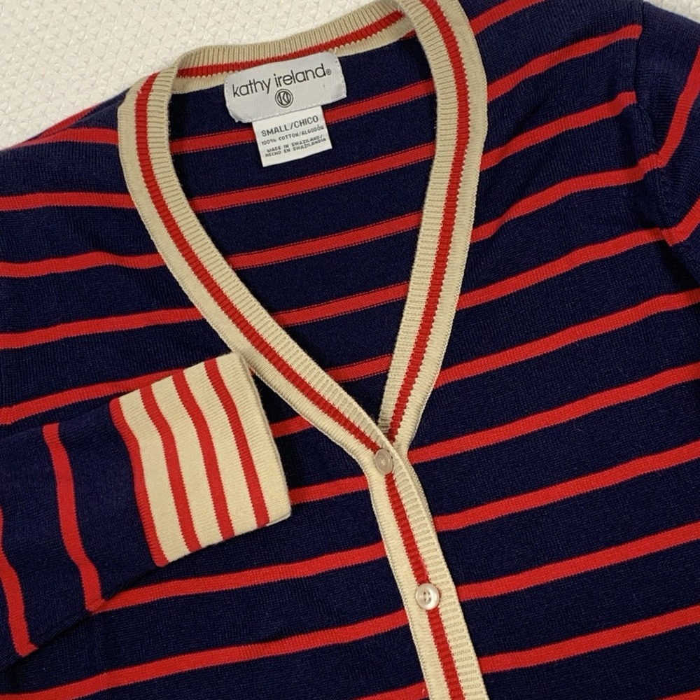 Kathy Ireland Navy Blue Striped Cotton Cardigan Sweater Small V-Neck Nautical